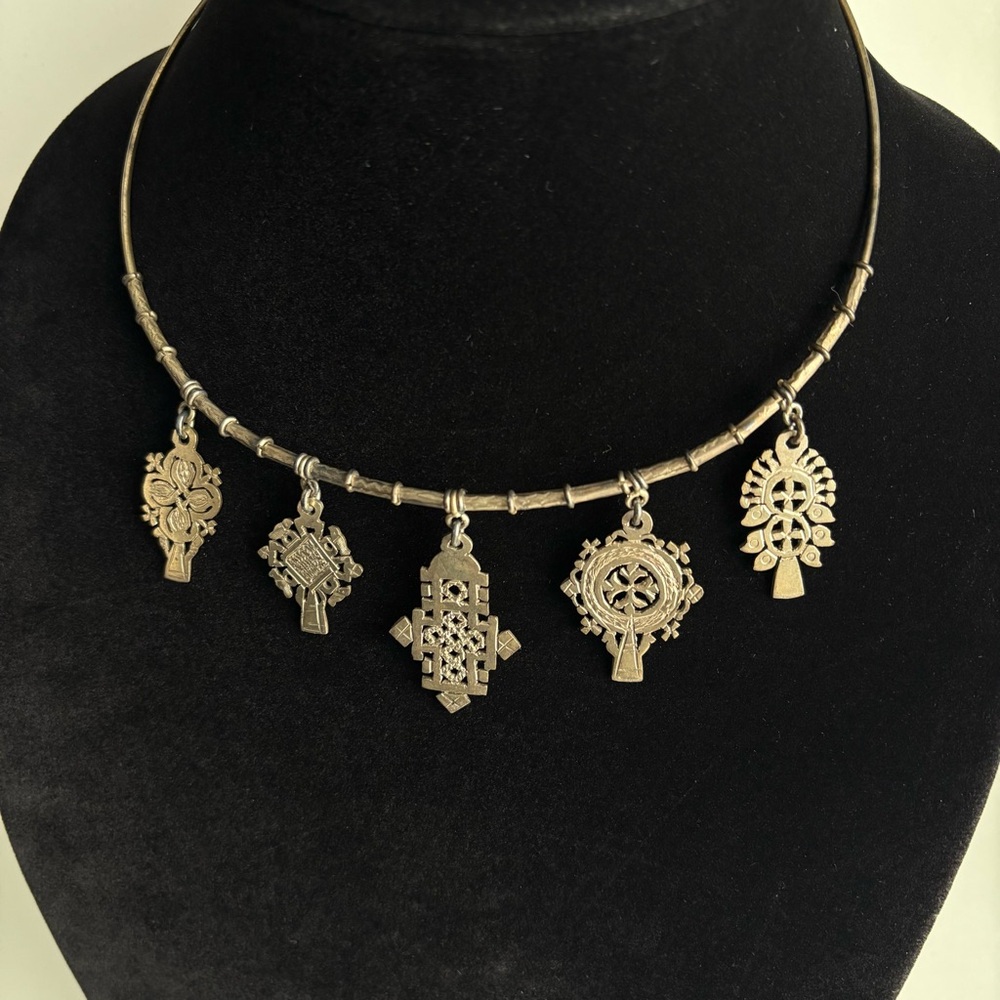 Vintage Sterling silver Hand wrought Multi Cross Charm Choker collar necklace - Picture 3 of 16